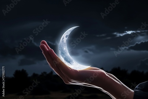 hand holding a white crescent moon under the cloudy night