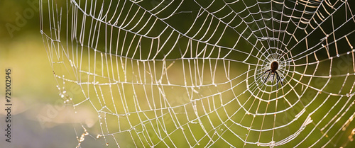 a detailed macro shot of a spider weaving an intricate web, focusing on the precision and symmetry of the silk threads.