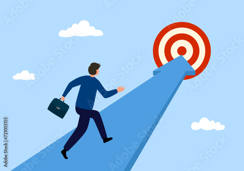 Reach target or progress to reach goal, career step to success, achievement or growth, challenge and motivation to succeed concept. Businessman walking with arrow as path to reach goal.