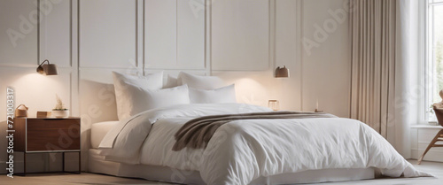 An image of a minimalist bedroom with a bed dressed in crisp white linens, minimal furniture, and soft natural light, creating a serene atmosphere through the strategic use of whitespace.