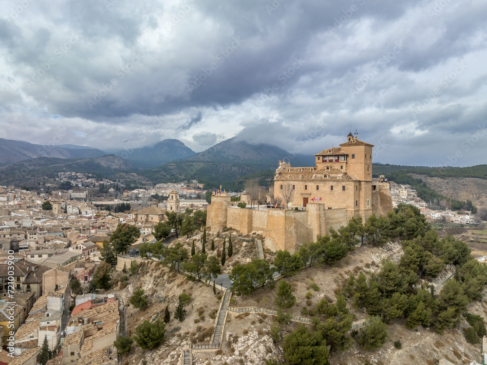 Aerial view of Caravaca de la Cruz  in Murcia, southeast Spain. A major pilgrimage site dominated by Basilica Shrine of Vera Cruz with Baroque facade and medieval castle