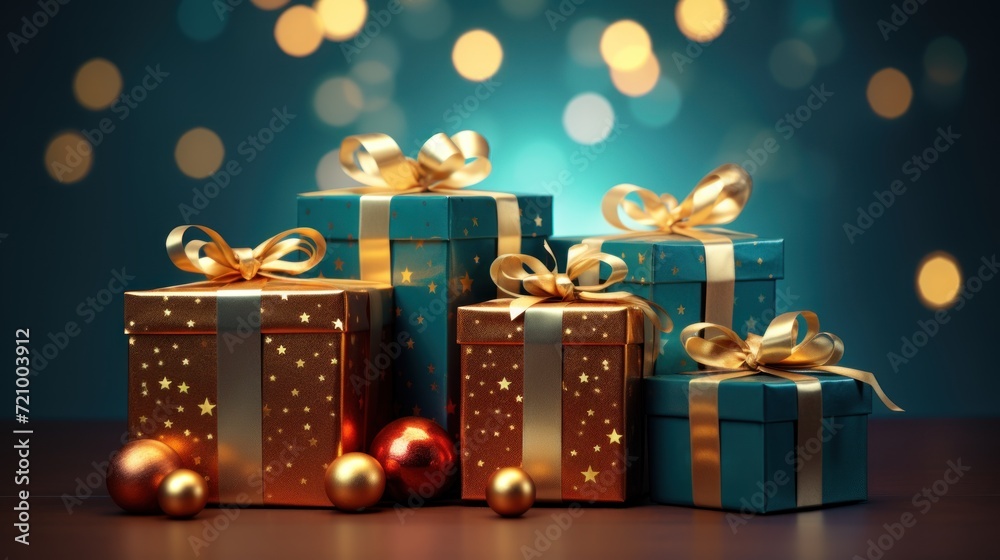 Gift boxes with golden bows on bokeh background. 3D rendering Generative AI
