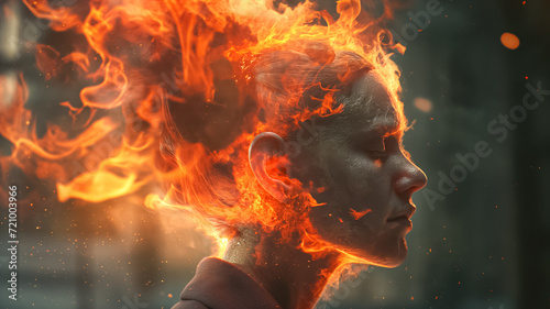 women with burning head, conceptual of burn out 