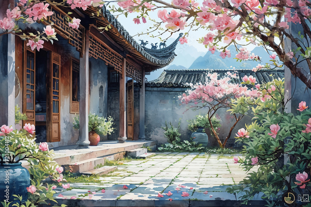 Chinese courtyard drinking illustration watercolor green plants Magnolia have prospects and prospects