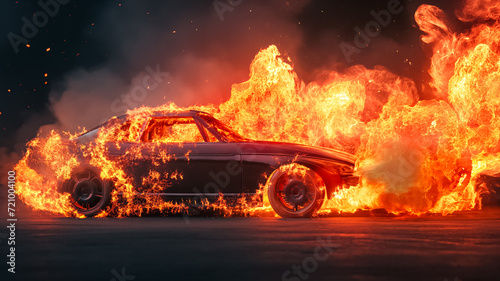 car burning in accident, safety first concept 