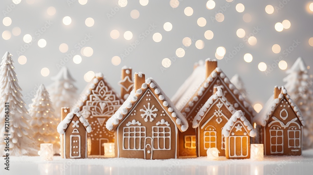 Christmas gingerbread houses in snow and bokeh lights on background Generative AI