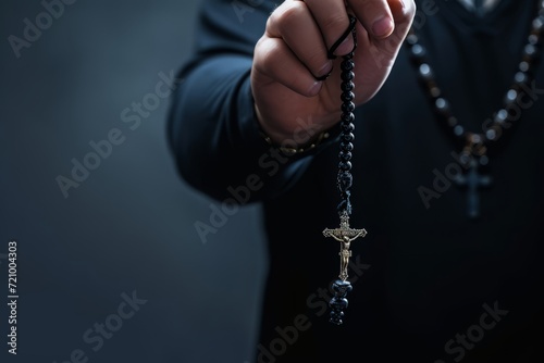 hand of christian praying to God with cross rosary breads