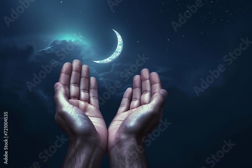 Moslem hand open and praying for dua under the crescent moonlight at night, praying tahajjud