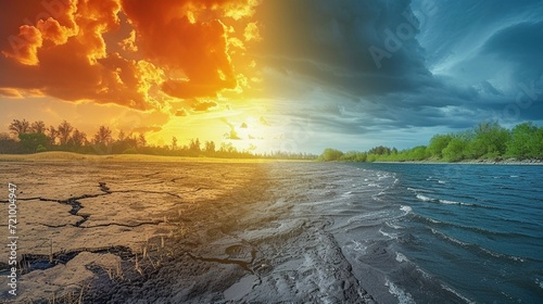 Collage contrasting the effects of flooding and drought in the context of global warming