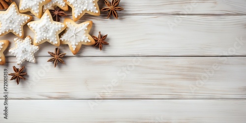Christmas gingerbread cookies and star anise on wooden background with copy space Generative AI