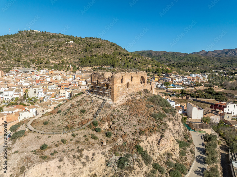 Aerial view of Castellnovo castle, medieval hilltop ruins near Segorbe Spain with rectangular tower