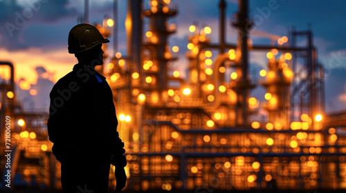 Engineer Overlooking Nighttime Industrial Plant.A male engineer in safety gear is standing with his back to the camera, observing the operations of a large industrial plant at night.