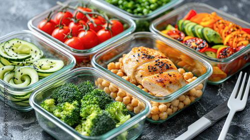 Healthy Chicken Meal Prep Containers.Two glass containers with grilled chicken, fresh vegetables, and chickpeas, prepared for a healthy meal.