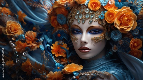 A mysterious woman in a Venetian mask surrounded by intricate floral decorations and jewels.