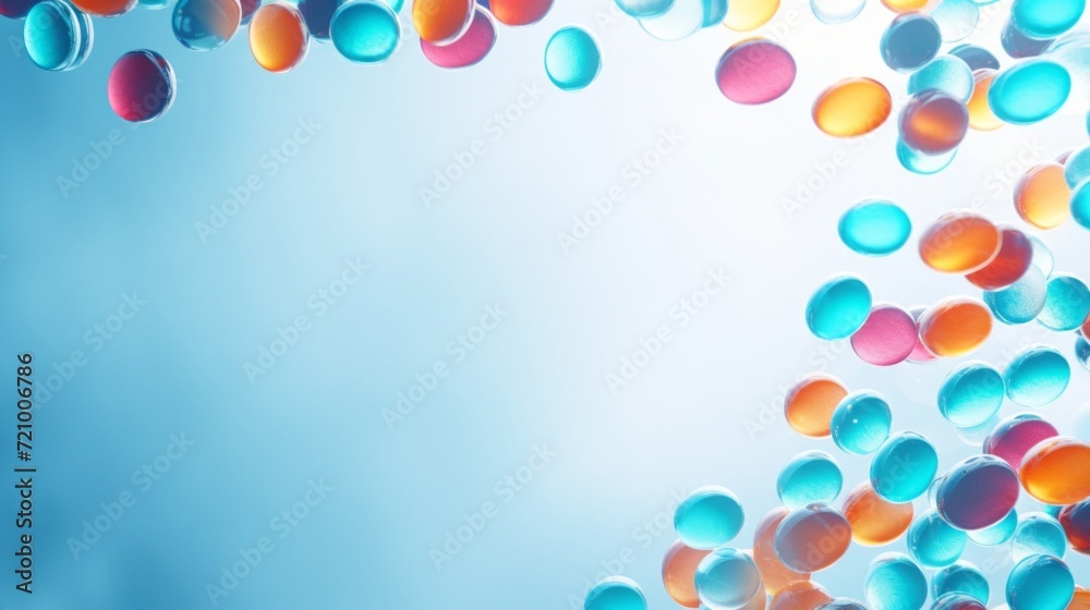 Brightly colored medicine pills and capsules falling freely with a light, airy background.