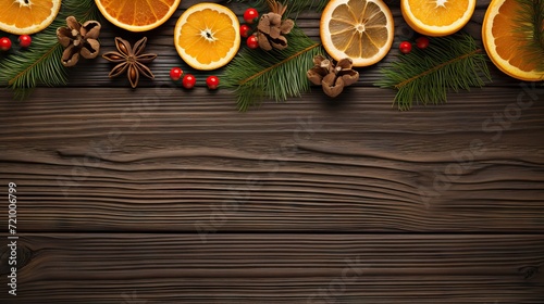 Christmas background with fir branches, oranges and spices on wooden board. Generative AI