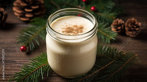 Traditional eggnog garnished with cocoa powder in a glass on a wooden background Generative AI
