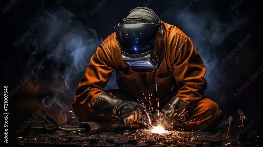 A skilled welder in protective clothing performs welding work, surrounded by intense sparks and smoke at night. A skilled welder in protective clothing performs welding work, surrounded by intense sparks and smoke at night.