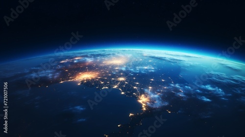 Stunning view of the Earth from space at night, showcasing the illuminated continents and city lights.