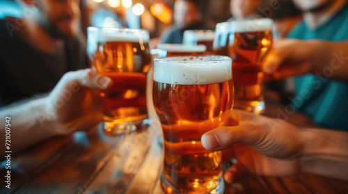 Group of people drinking beer at brewery pub restaurant - Happy friends enjoying happy hour sitting at bar table - Close Up image of brew glasses - Food and beverage lifestyle concept.