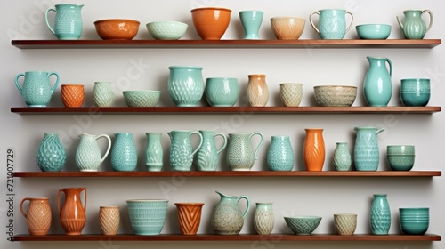 Vibrant green and orange ceramic tableware displayed on wooden shelves, featuring mugs, jugs, and bowls.