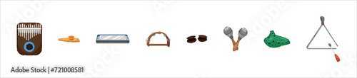Set of unusual musical instruments on white background