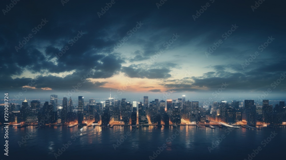New York City skyline at sunset. 3d rendering toned image Generative AI