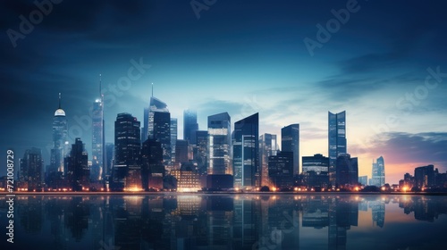 Shanghai skyline at night with reflection in Huangpu river. Generative AI