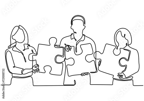 continuous line collaboration teamwork concept with 3 people with puzzle pieces trying to find a solution together