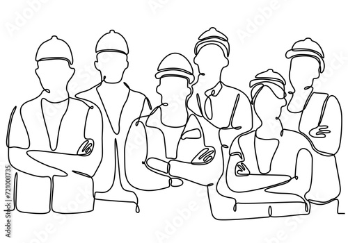 One line drawing of young builder and architect wearing construction vest and helmet joining their hands together. Great teamwork concept. Vector graphic illustration