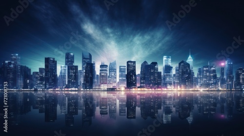 Shanghai skyline at night with reflection in Huangpu river. Generative AI © Alex