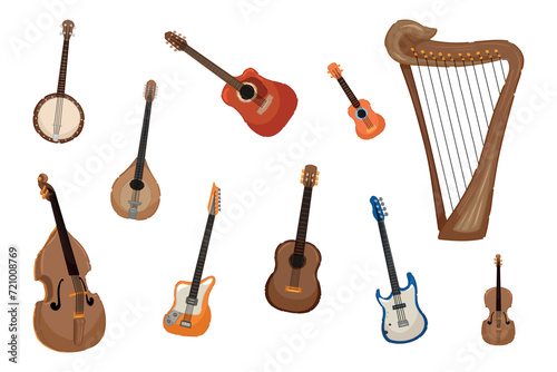 Set of stringed instruments on white background