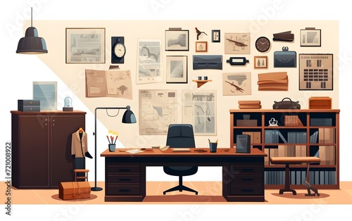 Detective office ready. Police department interior elements vector illustration