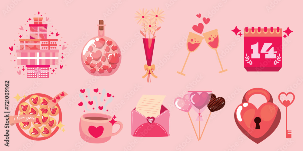 Set of different symbols of Valentines Day on pink background