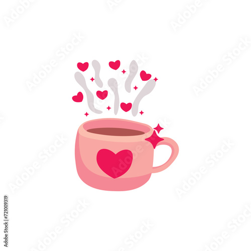Hot tea in cup with heart on white background. Valentine's Day celebration
