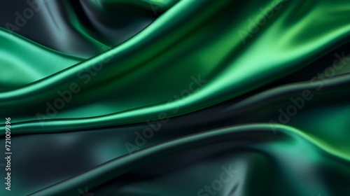 Close-up of elegant green satin fabric with luxurious folds and a silky texture.