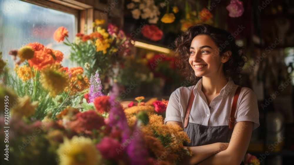 Joyful young woman working as a florist surrounded by colorful fresh flowers in a cozy flower shop.