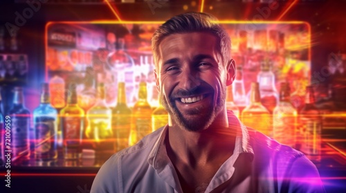 Joyful bearded man in a modern bar with vibrant neon light ambiance, radiating happiness.