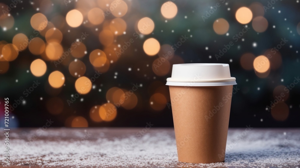 A takeaway coffee cup on a snowy surface with warm bokeh lights, evoking a holiday mood. A takeaway coffee cup on a snowy surface with warm bokeh lights, evoking a holiday mood.
