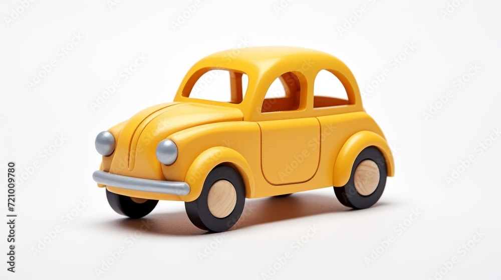 A cheerful yellow wooden toy car isolated on a clean white background, playful and simple.