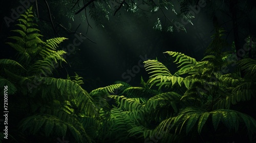 Vibrant green ferns illuminated in the shadows of a dark  misty forest atmosphere.