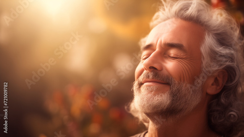 Tranquil man meditating peacefully in nature with eyes closed