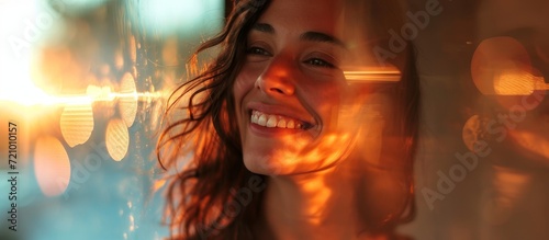 Smiling Woman Reflecting in Blurred Mirror: Home is Where the Smiling Woman Reflects in a Blurred Mirror at Home photo