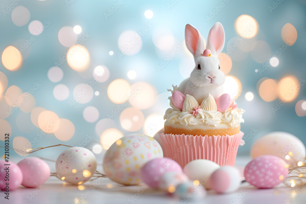 Bunny on cupcake with easter decoration for Easter day on bokeh background. Bunny on cupcake with easter decoration for Easter day on bokeh background.