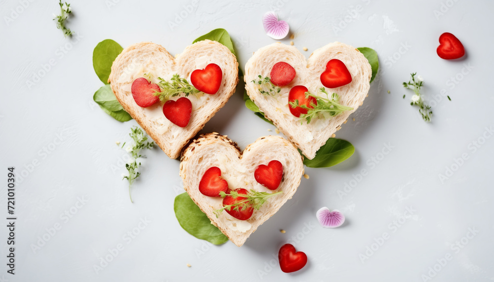 Heart-shaped sandwiches arranged on a table, flat lay composition Heart-shaped sandwiches arranged on a table, flat lay composition