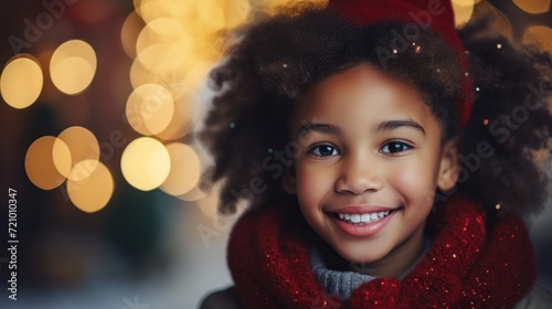 Portrait of a cute little girl with afro hairstyle and red scarf. Generative AI