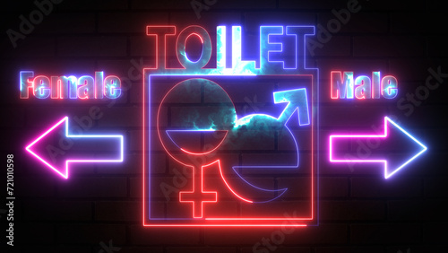 Glowing red and blue neon light WC toilet sign with Male ad Female icon on bricks wall background. public bathroom symbol with arrow direction on wall