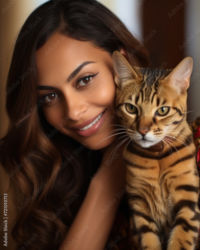 Closeup of a Cheerful Hispanic Woman with Wavy Shoulder-Length Radiant Smile Holding a Bengal Cat, Both Looking Directly AI Generated