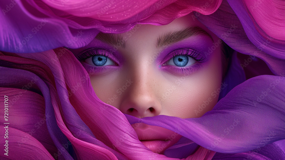 Captivating image a close up woman's face decorated with a with silk or satin cloth. Surrealistic artwork. The intricate details, and utilize soft lighting. The magical and dreamlike ambiance. Captivating image a close up woman's face decorated with a with silk or satin cloth. Surrealistic artwork. The intricate details, and utilize soft lighting. The magical and dreamlike ambiance.