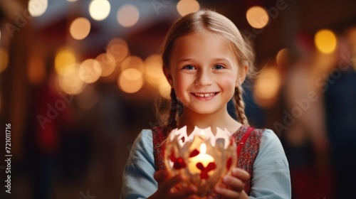 Portrait of cute little girl holding a burning candle in her hands Generative AI